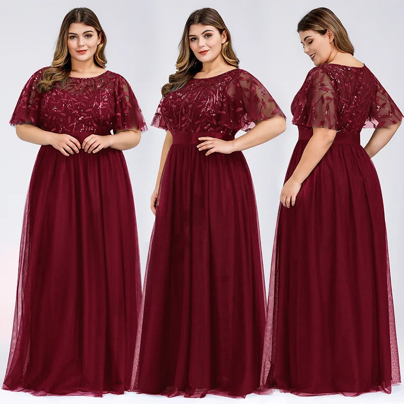 Ever-pretty Plus Size Elegant Boat Neck Sequin Mesh Evening Bridesmaid Dresses