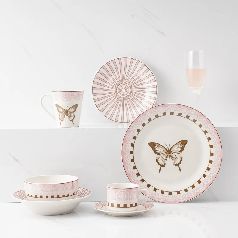 Hot Creative porcelain printed bowls,  tableware set European and American pink butterfly underglaze color tableware set