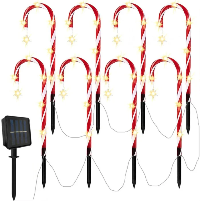 10 In 1 Candy Cane Crutch 47cm Outdoor Solar Decor Garden Pathway Stake Festival Xmas New Year Christmas Candy Cane Solar Lights
