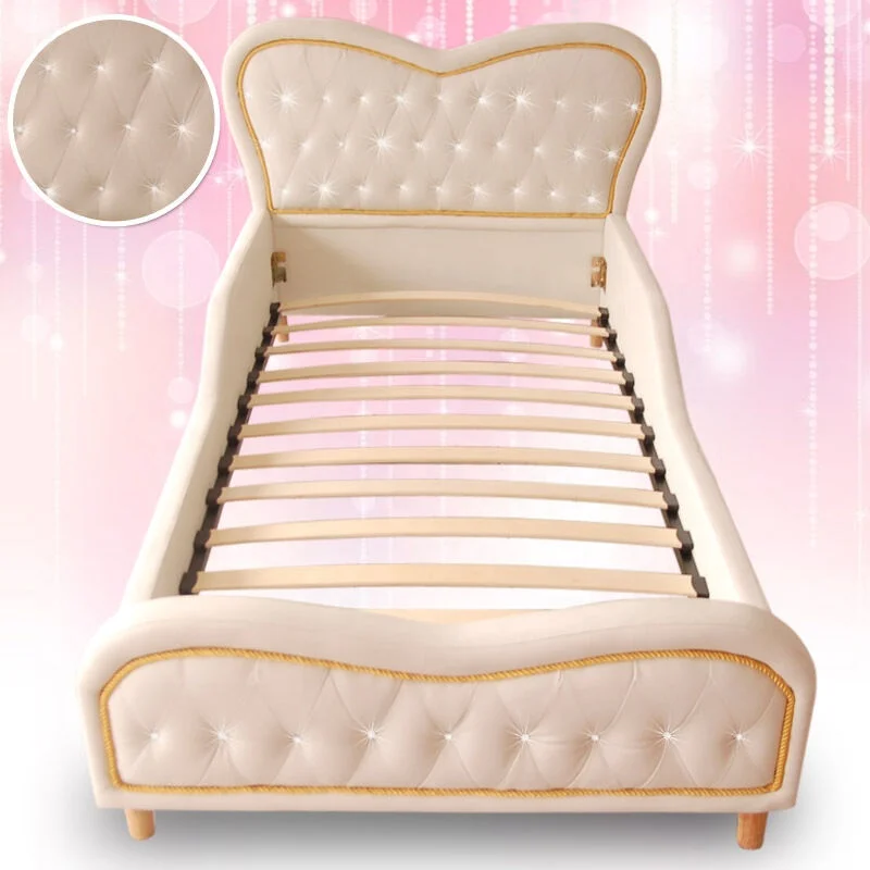White Heart Kids Girls Boys Standard Single PU Leather Diamond Upholstered Bed for children