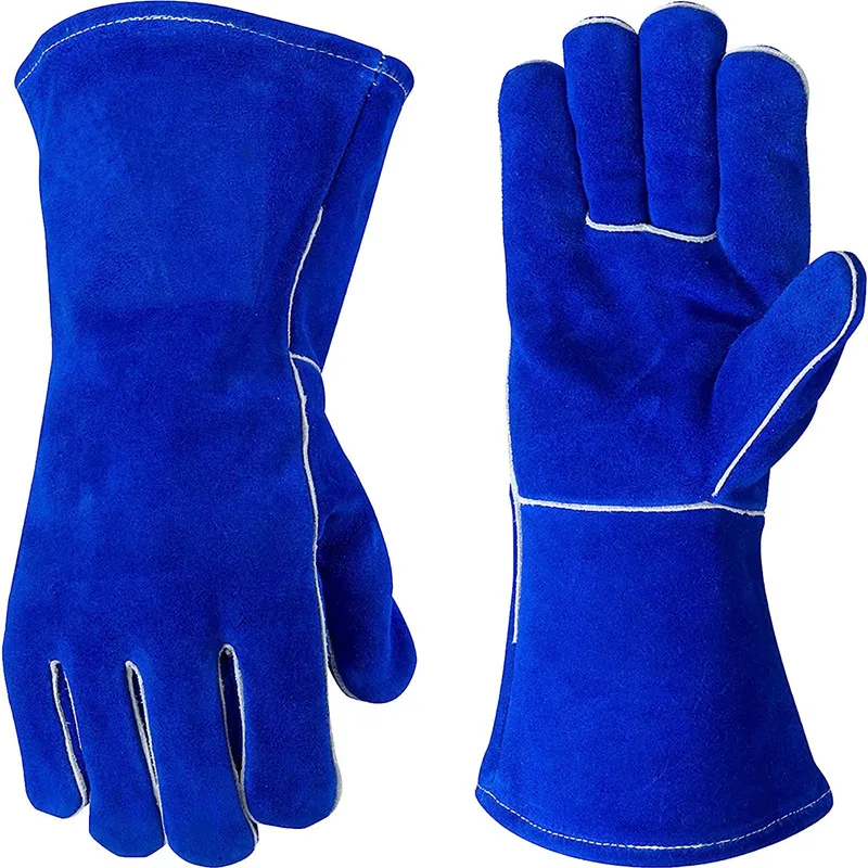 14 Inch Blue Fireproof and Heat Resistant Reinforced Cow Leather Welding Gloves guante soldadura