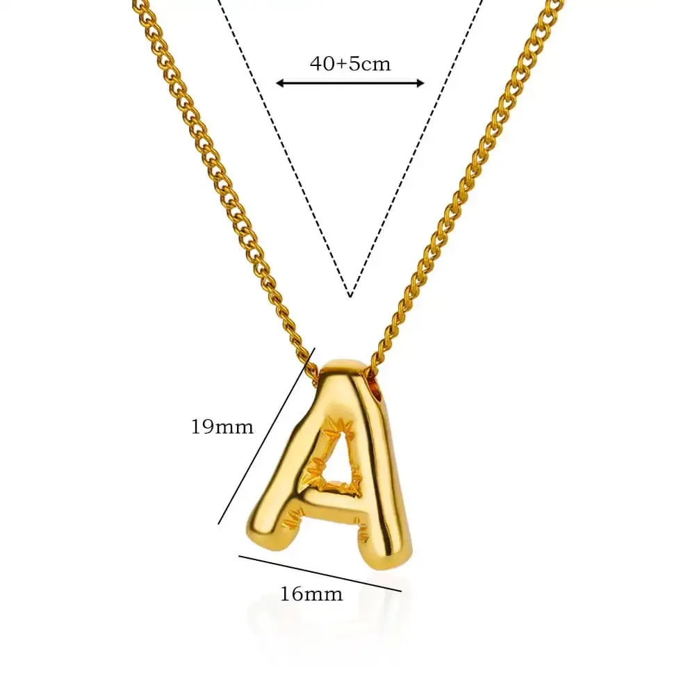 Dainty Gold Plated Stainless Steel Chunky Alphabet Helium Balloon Bubble A-Z 26 Initial Letter Pendant Necklace for Women Boy