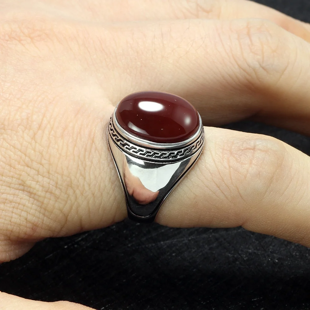Guaranteed Silver s925 Mens Rings Simple Design With Stones Multi Color Oval Shape Onyx Turkey Jewellery Turkish Ring For Man