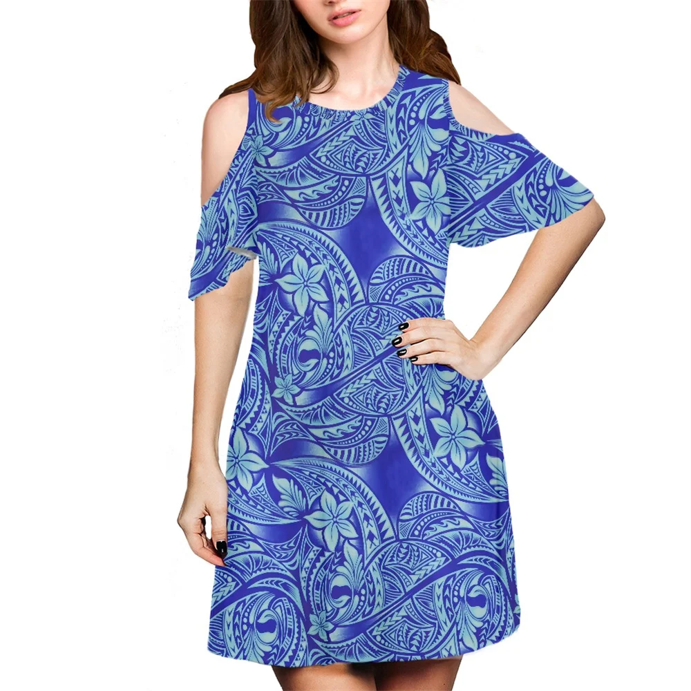 Streetwear Apparel Manufacturers Polynesian Tribal Hawaiian Dresses Purple Palm Leaves Flower Print Custom Cold Shoulder Dress