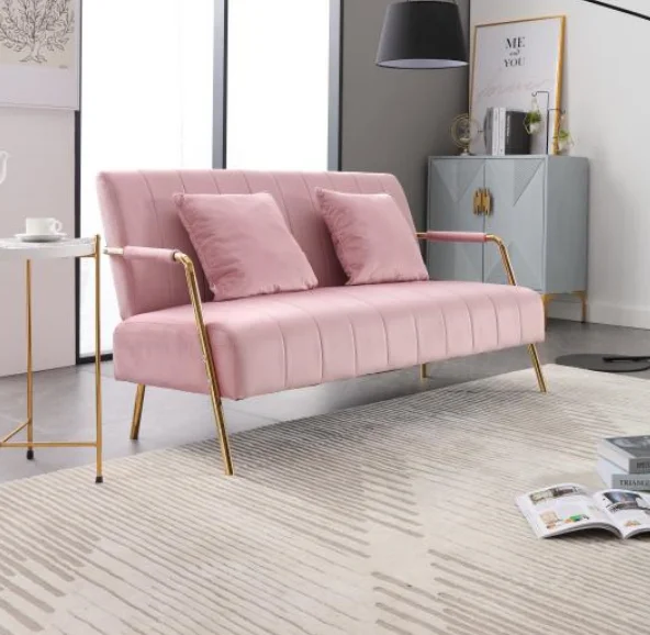 Italy style pink velvet fabric living room chesterfield curved loveseat home use modern sofa with golden armest