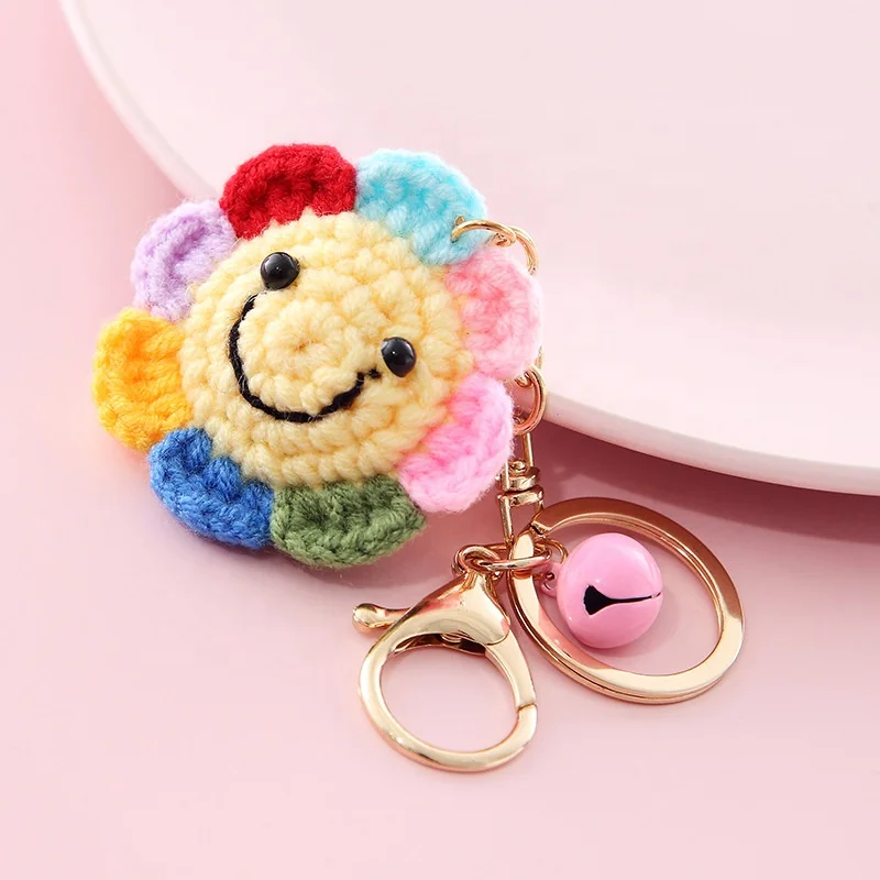 Promotional Knitted Yarn Rainbow Samile Face Flower Keychain Pendant Tag with  Screw Locking Wire Loop or Lobster Clip Wholesale