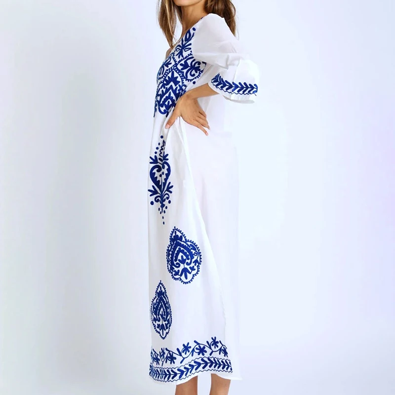 OEM Embroidered Maxi Dress V-neckline three-quarter sleeves with flounces beautiful for all body types Beach dresses