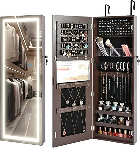 Over The Door Hanging Full Length Mirror Jewelry Cabinet With Led Lights
