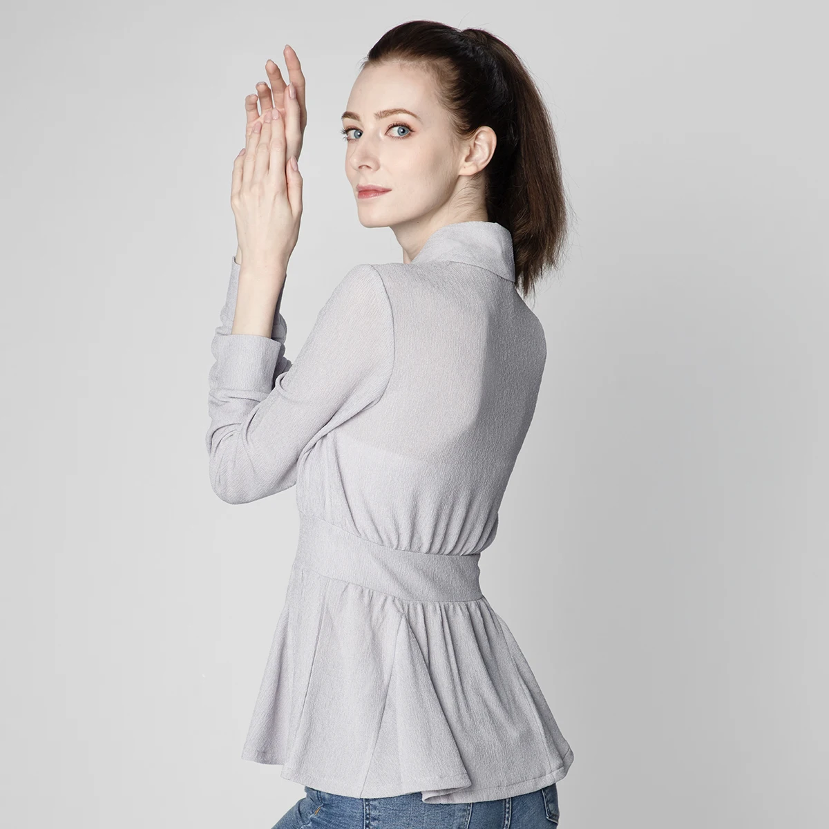 LADIES CASUAL FASHION REVERSE COLLAR FRONT RUFFLE BUTTON OPEN LONG SLEEVE BLOUSE SHIRT