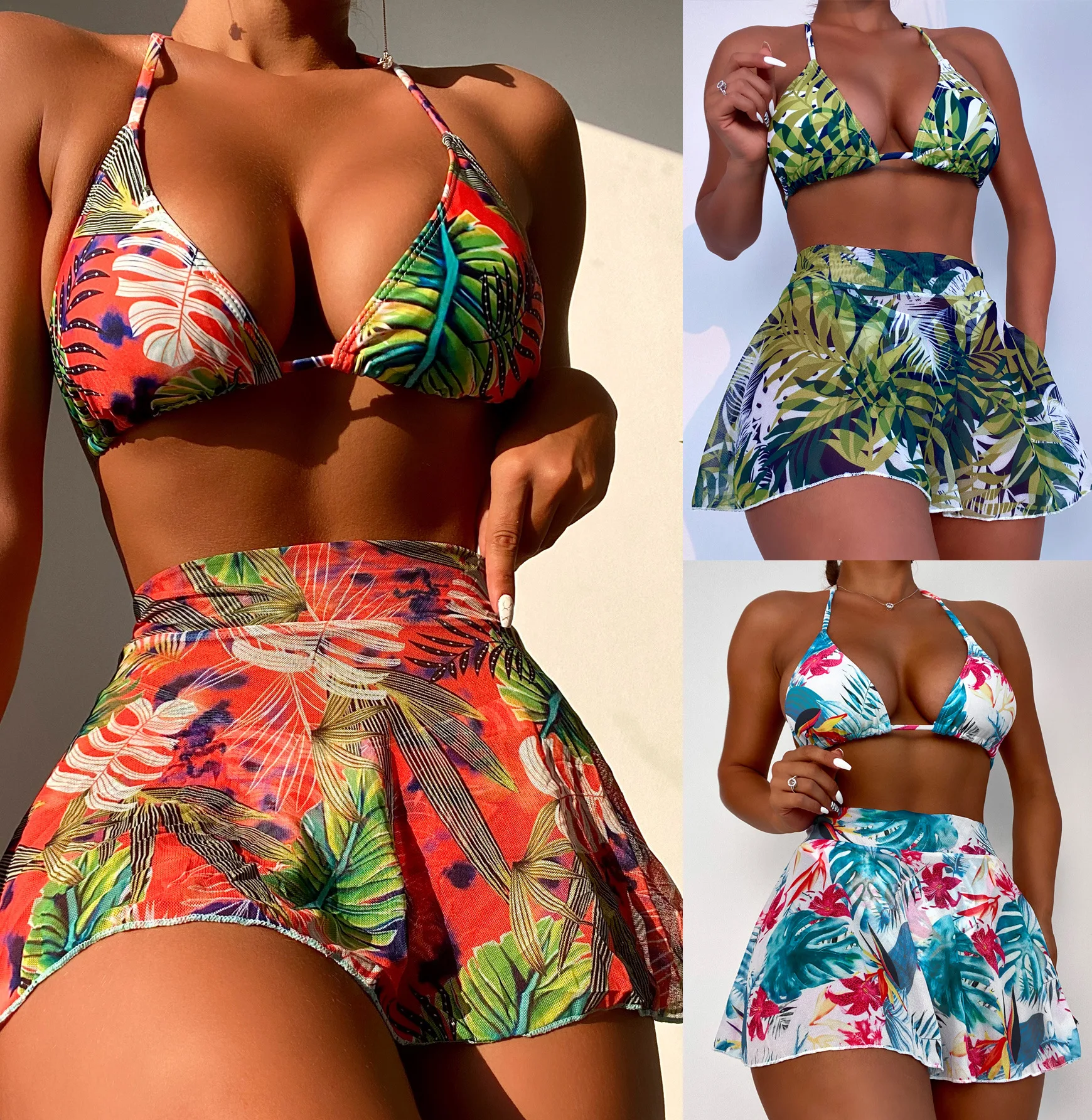 Aliexpress amazon sexy fashion leaf r print 3 pieces swimsuit bikini cover up