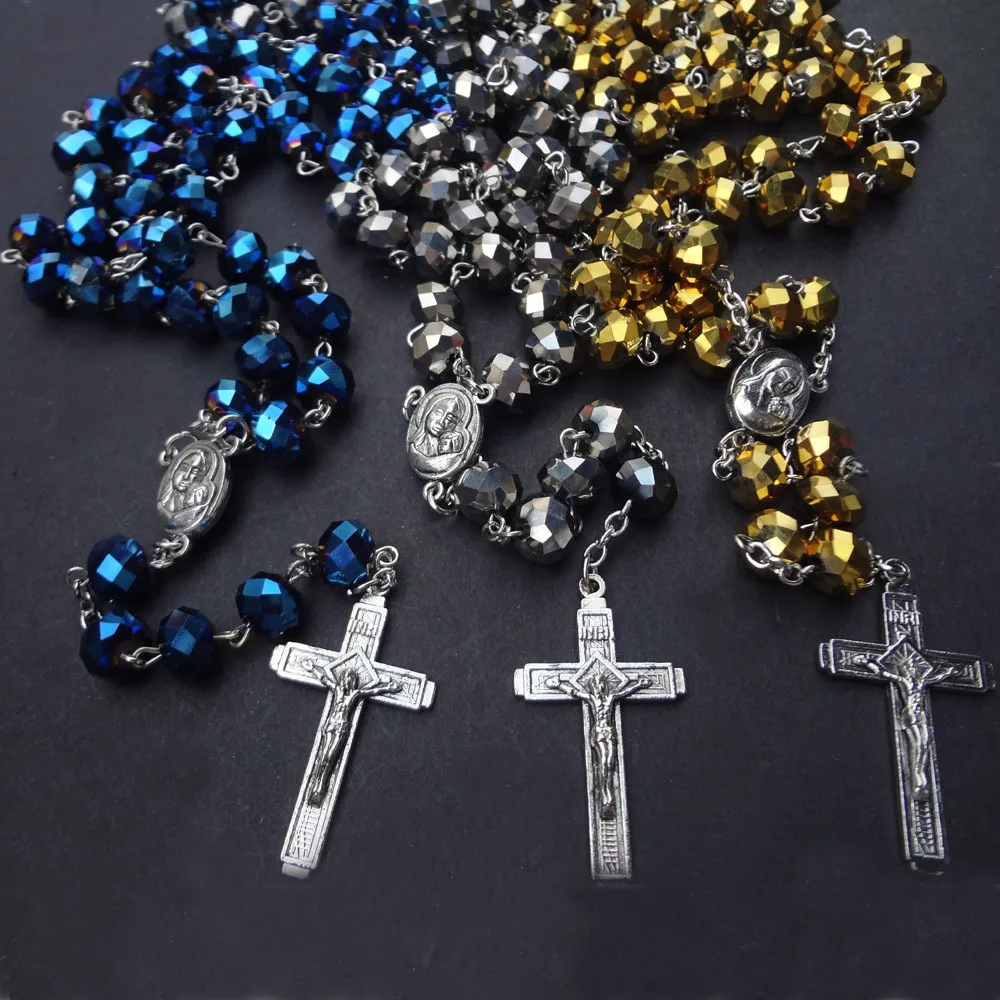 8 * 10mm large crystal rosary cross religious jewelry necklace  wholesale
