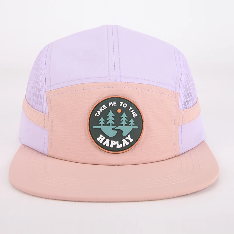 Custom Sports Running Camp Hat High Quality Summer Camping Cap Rubber Logo 5 Panel Polyester Camp Cap