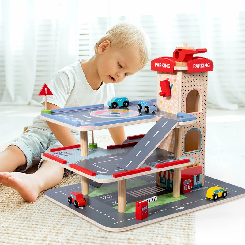 2023 Wooden montessori Race Track Car ramp Garage parking Play set Toy for Toddler Age 2-4 Year Old Boy