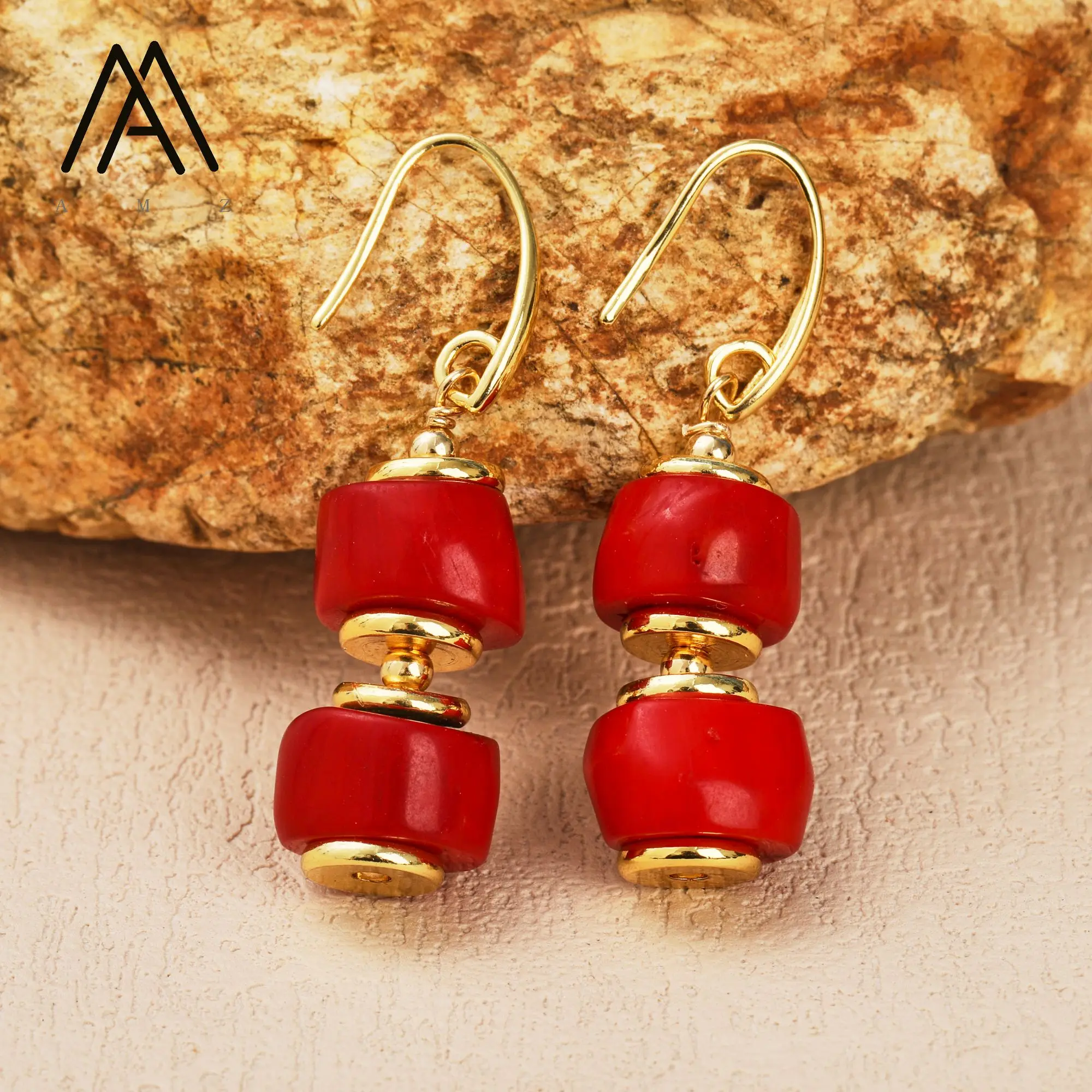 Natural Red Coral Drop Earrings for Women Fashionable Vintage Design with Gold Plating for Parties
