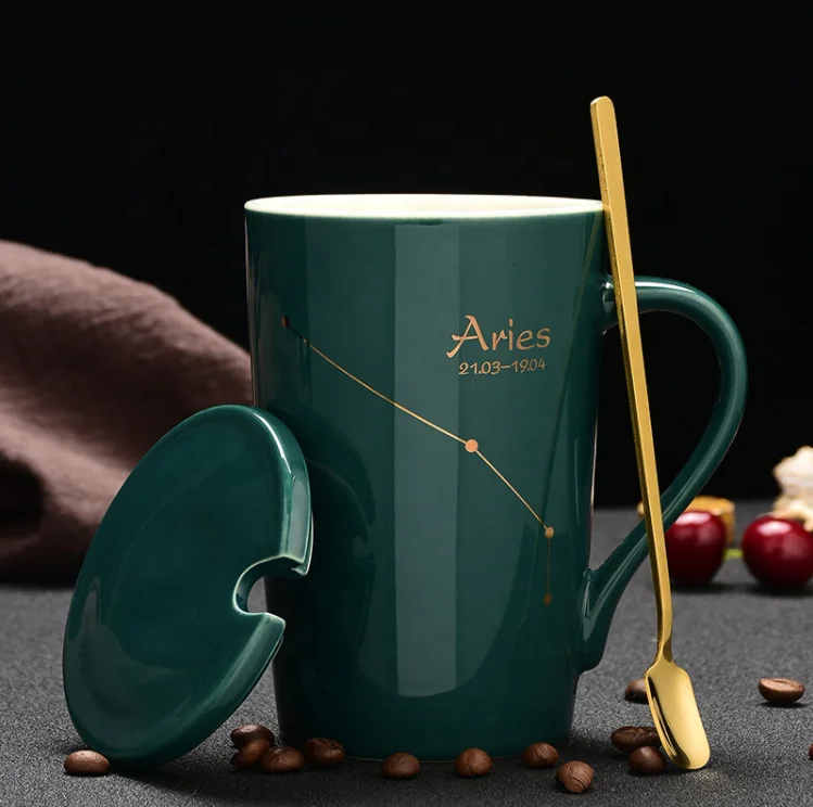 Glitter Constellation Ceramic Zodiac Coffee Mug With Gold Spoon