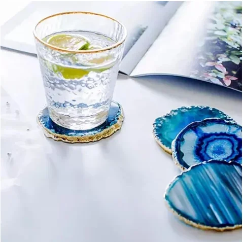 Best Selling Natural Agate Rounded Serving Coaster Set With Plated Table Top Decor Cup Coaster