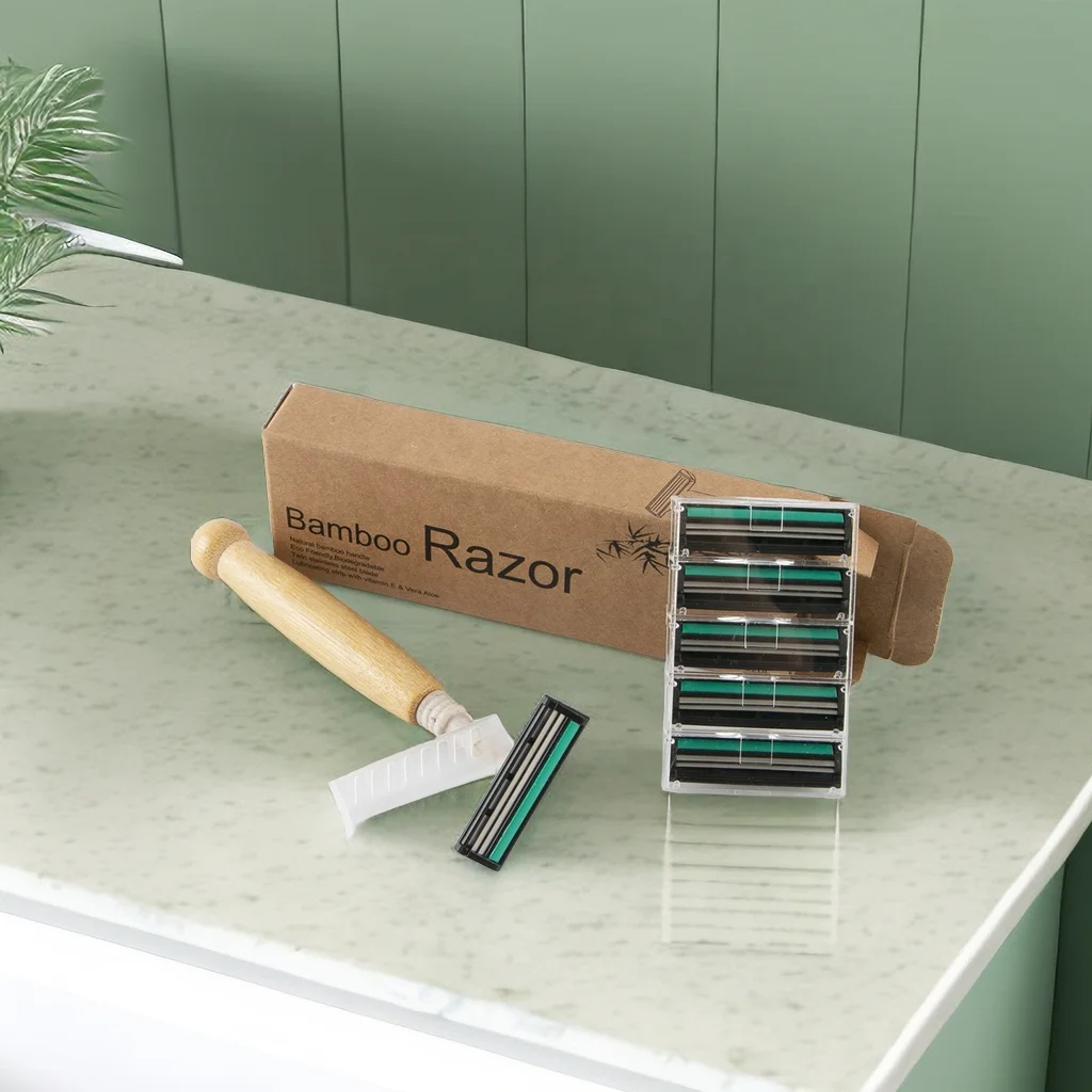 Wholesale Custom Label Natural Long Handle Eco Friendly wheat straw Safety Razor Double Edge Safety Bamboo Razor