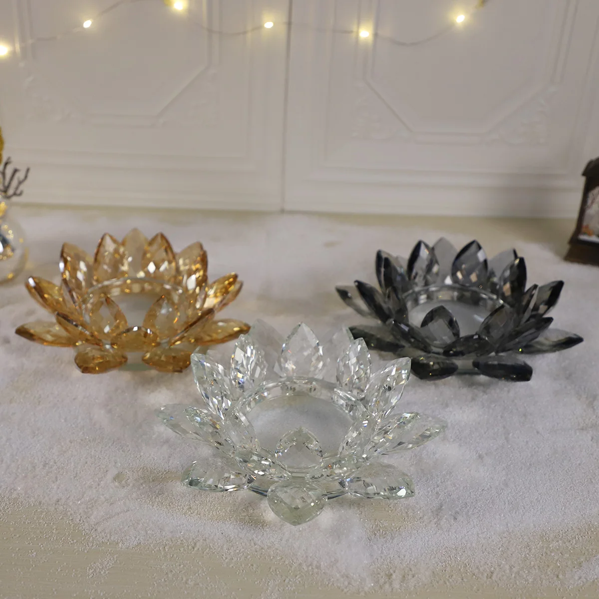 Wholesale creative large crystal lotus flower tea light tealight rose gold votive candle holders holder center pieces set of 3