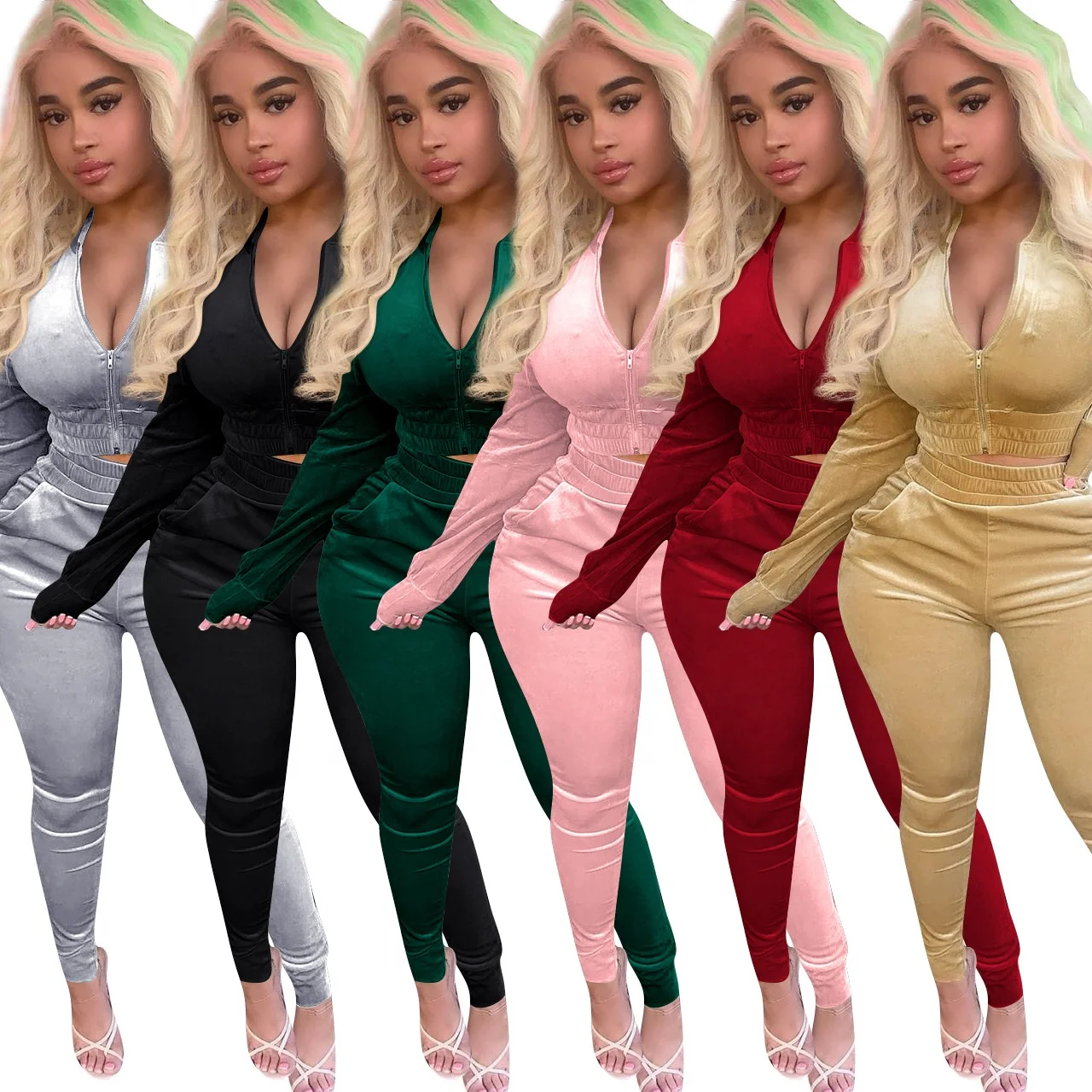 
spring 2021 women clothes sport set solid color long sleeve casual wear velvet two piece tracksuit women 