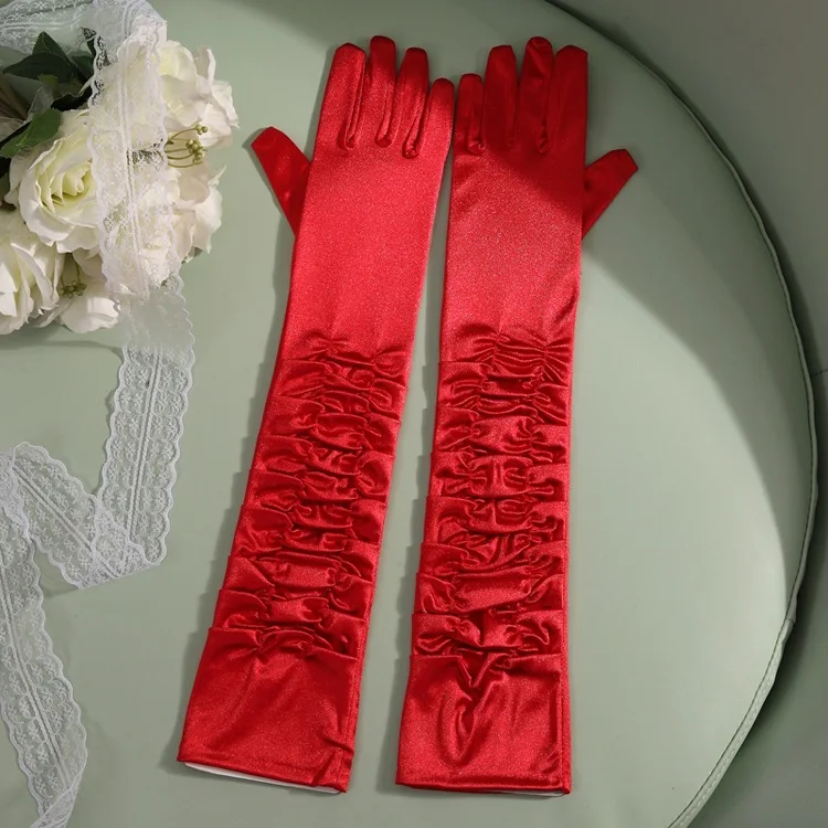 50cm Opera Dress Wedding Long Satin Shirred Elbow Gloves Bridal Party Gloves For Women