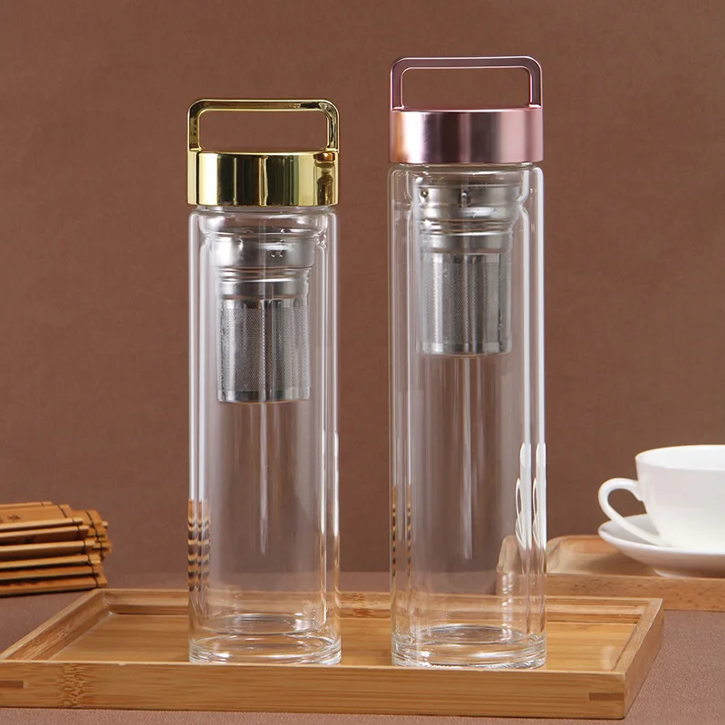 Seaygift portable handle clear double wall tea separation glass cups tea infuser glass water bottles with tea strainer