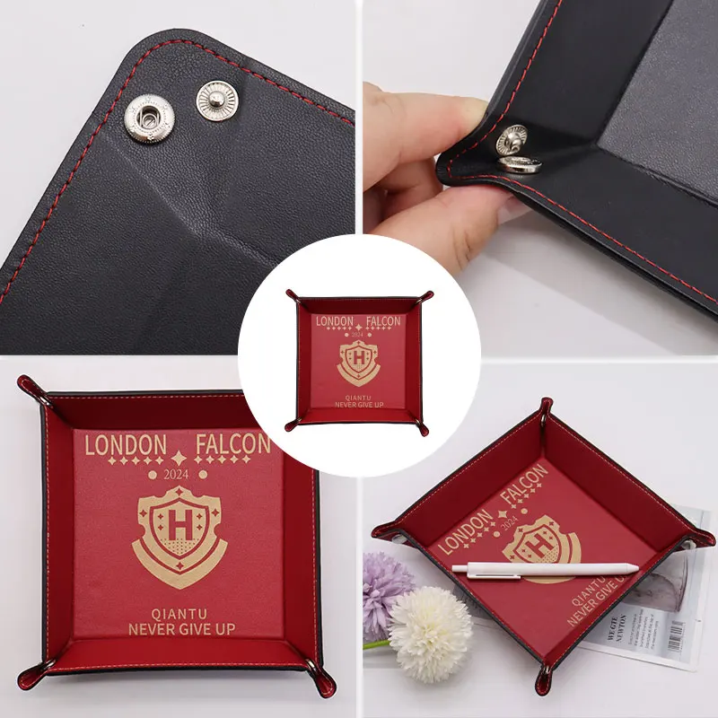 Custom Logo Laser Engraving Pu Storage Foldable Tray Square Dice Tray Coin Leather Tray