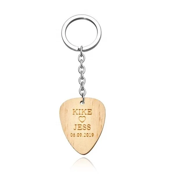 High Quality Custom Logo Wood Keychain Personalized Engraving Guitar Pick Keychain Llavero De Madera Wood Key Chain