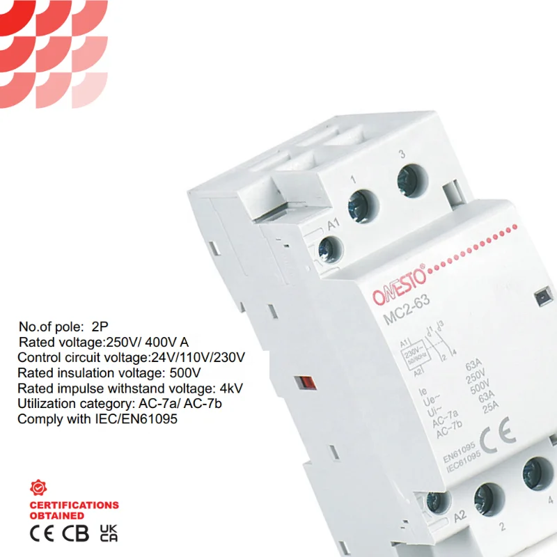 Onesto Automatic Modular Contactor 2P AC Contactor 24V 110V 230V AC Electric Contactor 2NO 2NC 1NO+1NC Contacts
