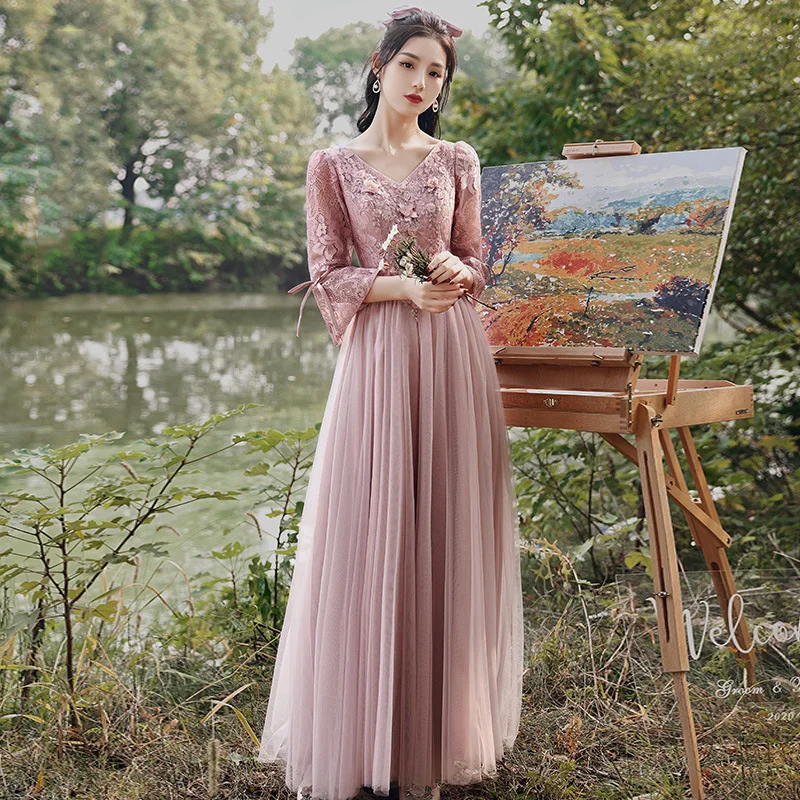 Xuya Senior Long-sleeved Pink Bridesmaid Dress Slim Sisters Group Dress Skirt For Women