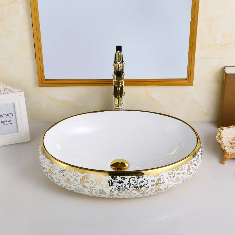 Luxury Golden Vanity Table Top Wash Basin Ceramic Art Oval Lavabo Electroplated Bathroom Vessel Sink