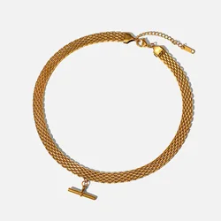 Punk Hip Hop T-Bar Pendant Watch Bands Choker Necklace 18K Gold Stainless Steel Necklace
