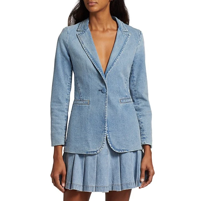 Custom Top Quality Custom Office Ladies Casual Basic Suit Single Breasted Denim Blazer With Pleated Skirt 2 Pieces Set For Women