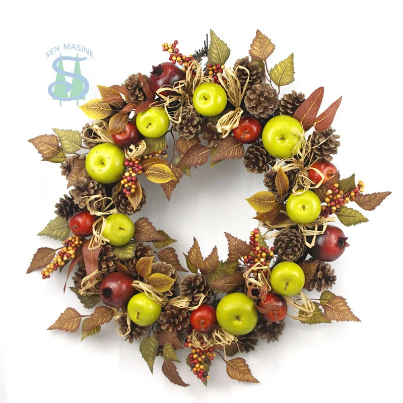 Senmasine 20 inch fall wreath with apple pomegranate artificial leaves fruit branches pinecone autumn Harvest Thanksgiving decor
