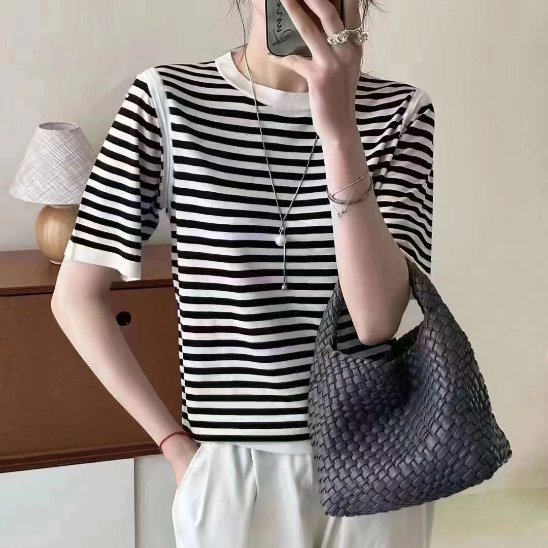 Spring and summer new ice silk top thin short sleeve loose foreign style matching striped T-shirt women