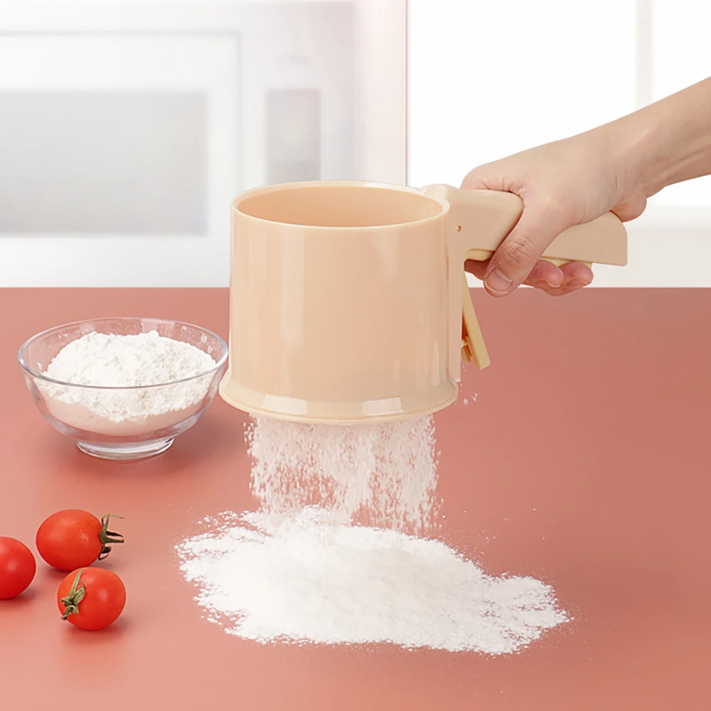 Hot Sale Handheld Flour Shaker Stainless Steel Mesh Sieve Cup Semi Automatic Powder Flour Sieve Hand Pressure Sugar Mesh Sieves