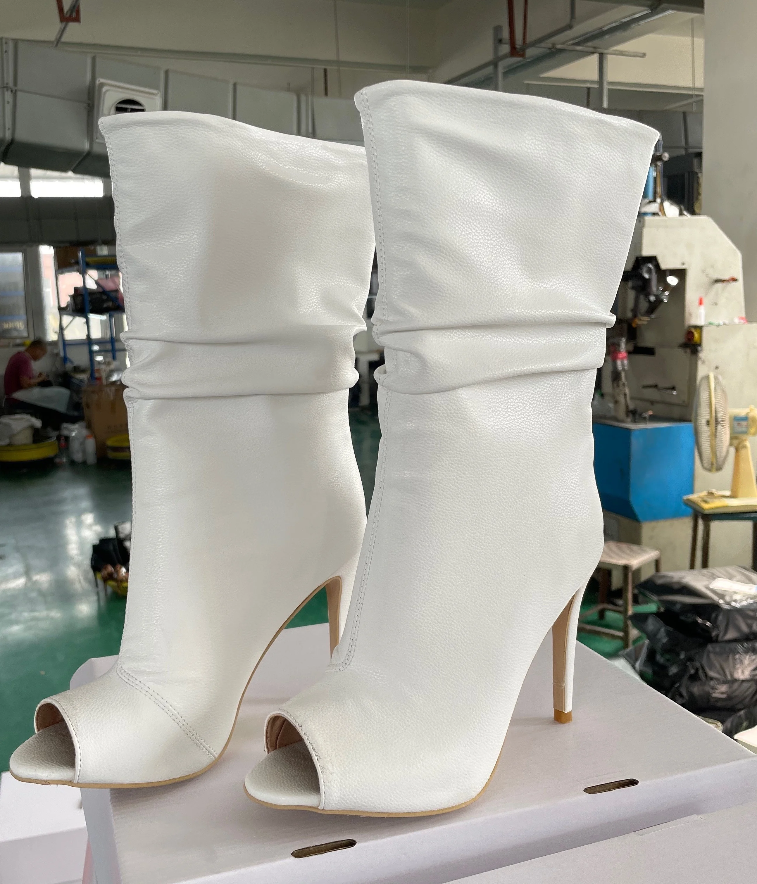 White color peep toe glitter pu leather high heeled ankle bootie calf boots for women and ladies