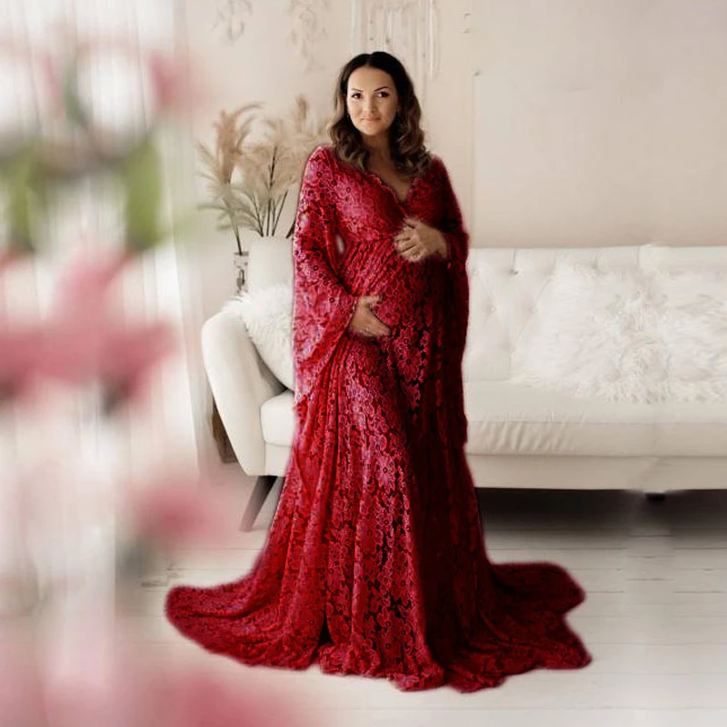 New Arrival Women Maternity Sexy Long Sleeve Lace Dress Pink Loose Pregnant Outfit Maxi Gown Pregnancy Dress Photoshoot