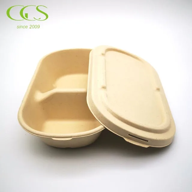 850ml Biodegradable Disposable Wheat Straw Pulp Food Container Double Compartment with Lid Eco-Friendly Paper for Camping