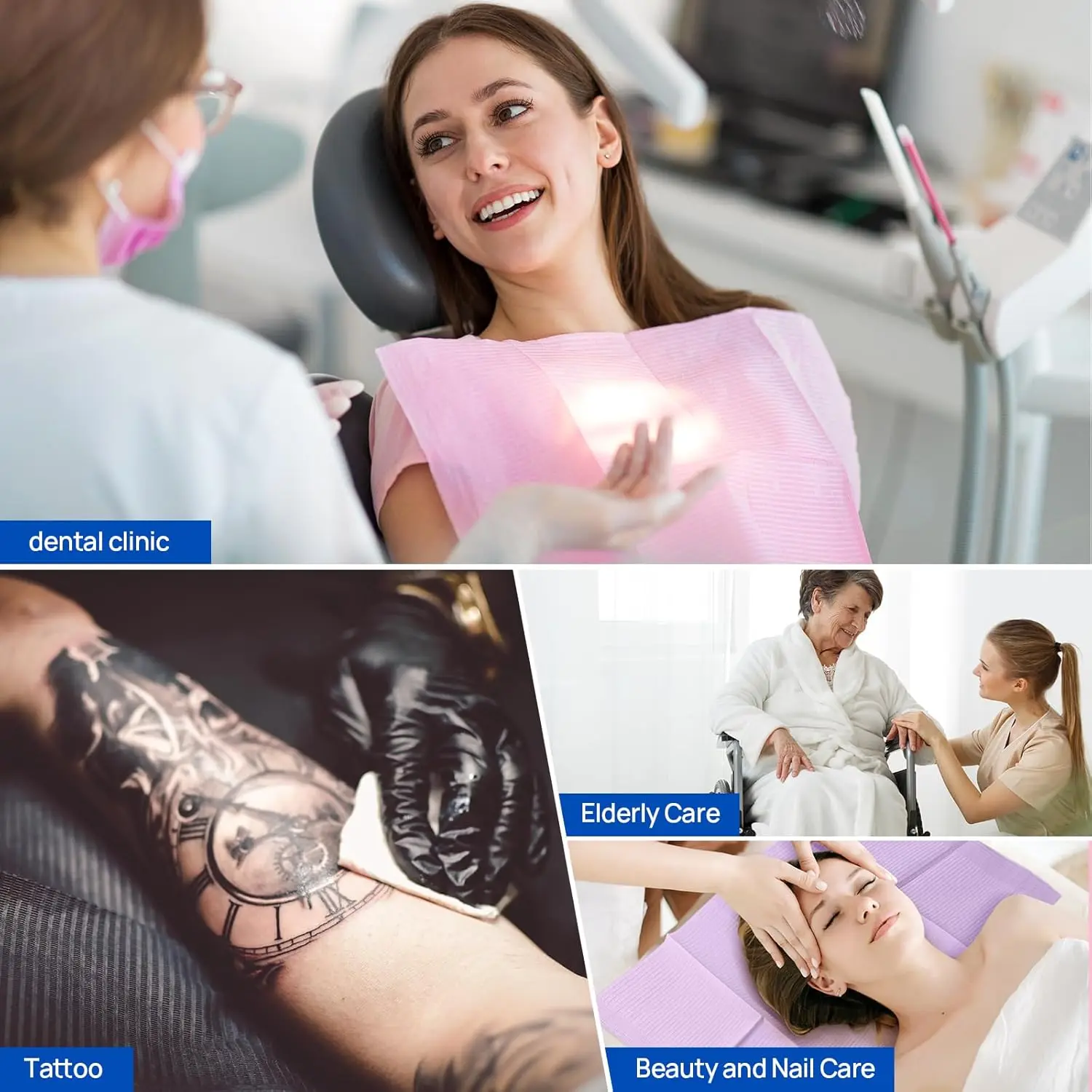 Pack of 125 Disposable 2-ply paper 1-ply film coloured dental bibs 33*45cm Multi-purpose tattoo bibs for oral hygiene