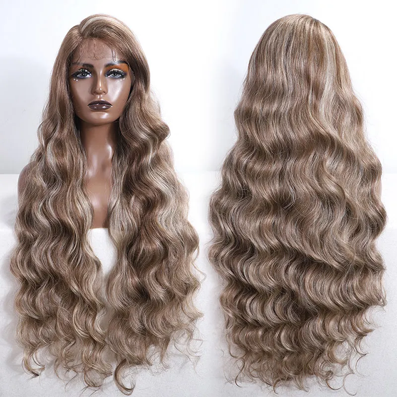 Long Layered Body Wave Grace 36 Inch Floral Purple Black Color Heat Resistant Synthetic Hair Easy 360 Synthetic Lace Front Wig