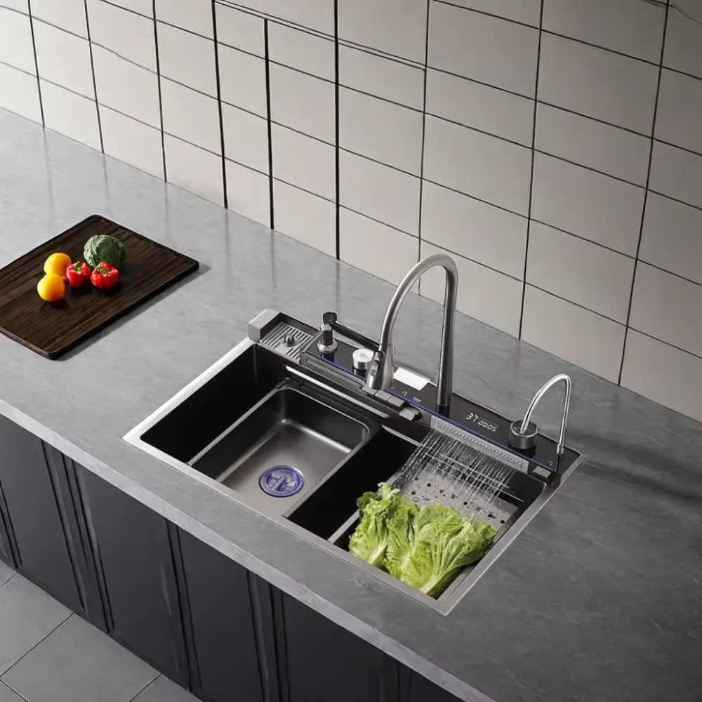 LED Light Rainfall Multifunctional Kitchen Sink With Glass Rinser and Filter Faucet
