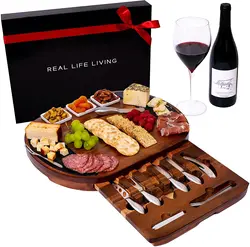 Large Round Charcuterie Board Set-Giftable 20pcs Cheese Board and Knife Set Acacia Wood & Slate Serving Tray