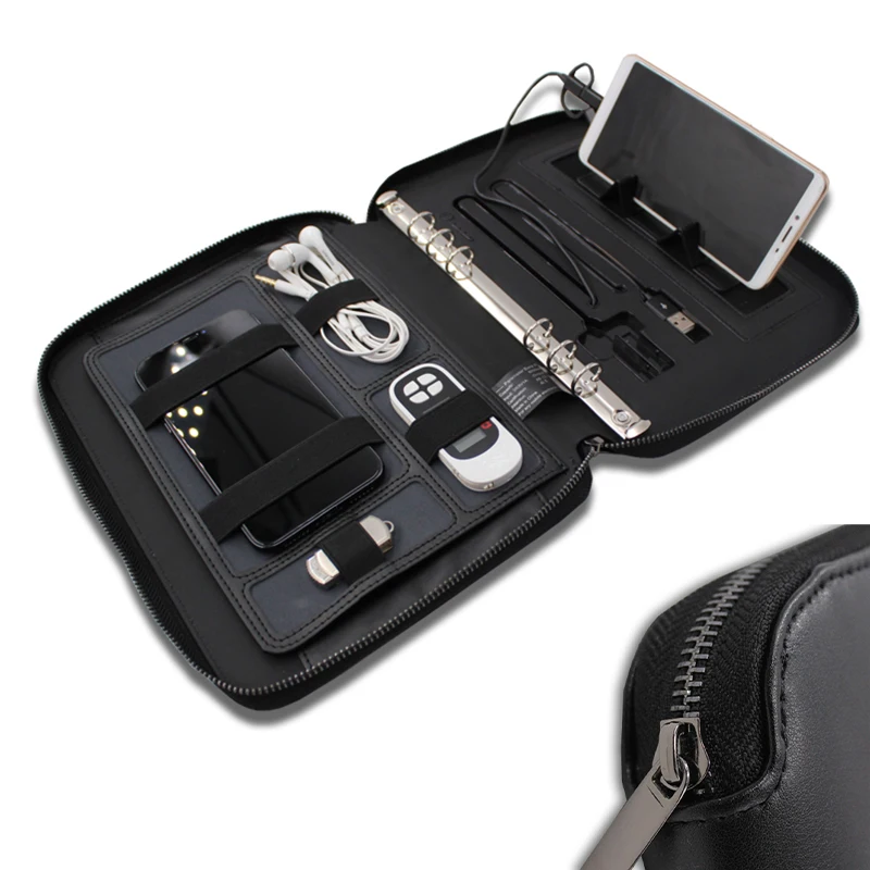 A5 Leather Notebook with Zipper Wireless Power Bank Portfolio File Folder Men Leather Powerbank Spiral / for Business Office