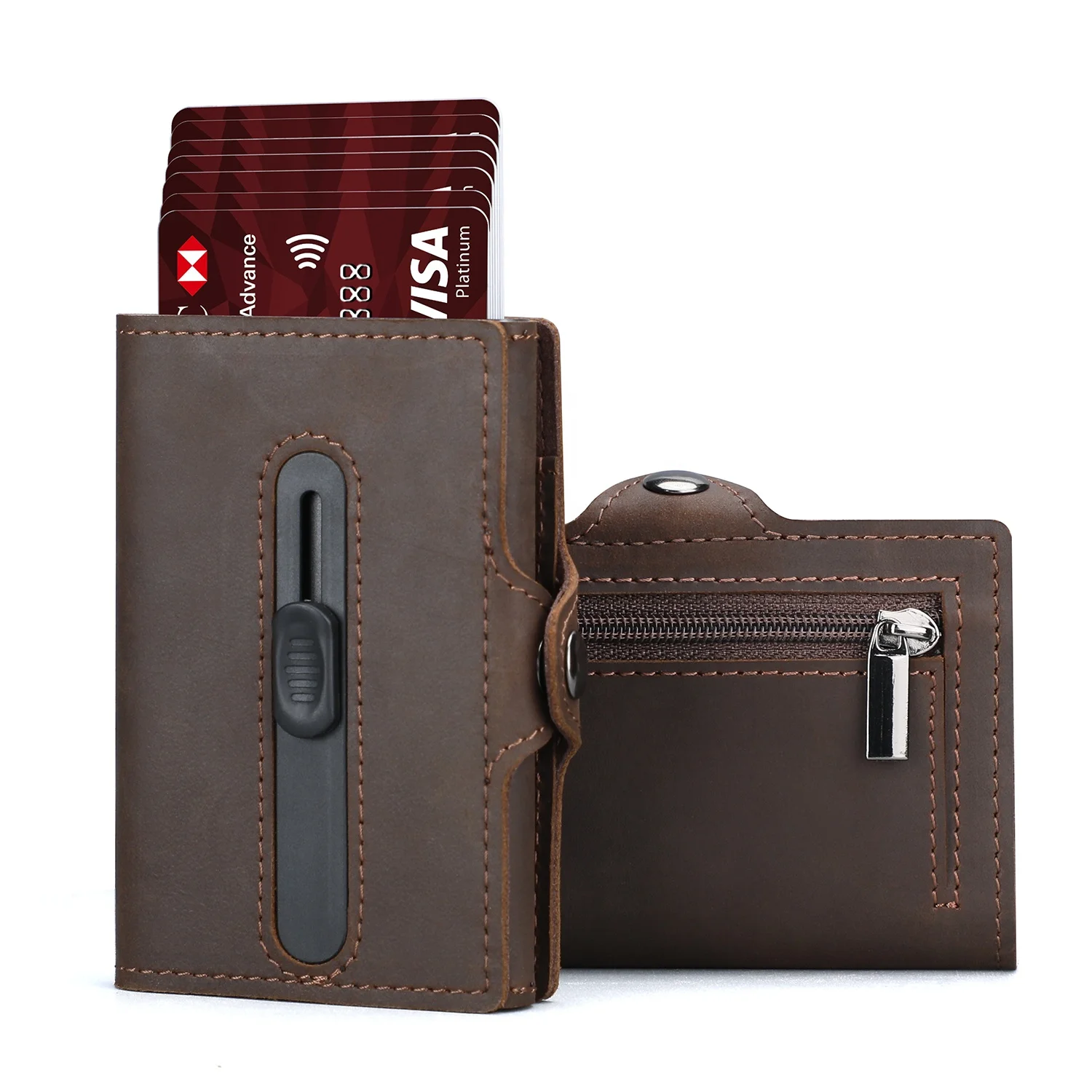 2023 New Custom Crazy Horse Leather RFID Men Wallet Zipper Pocket ID Money Bag Card Credit Card Wallet