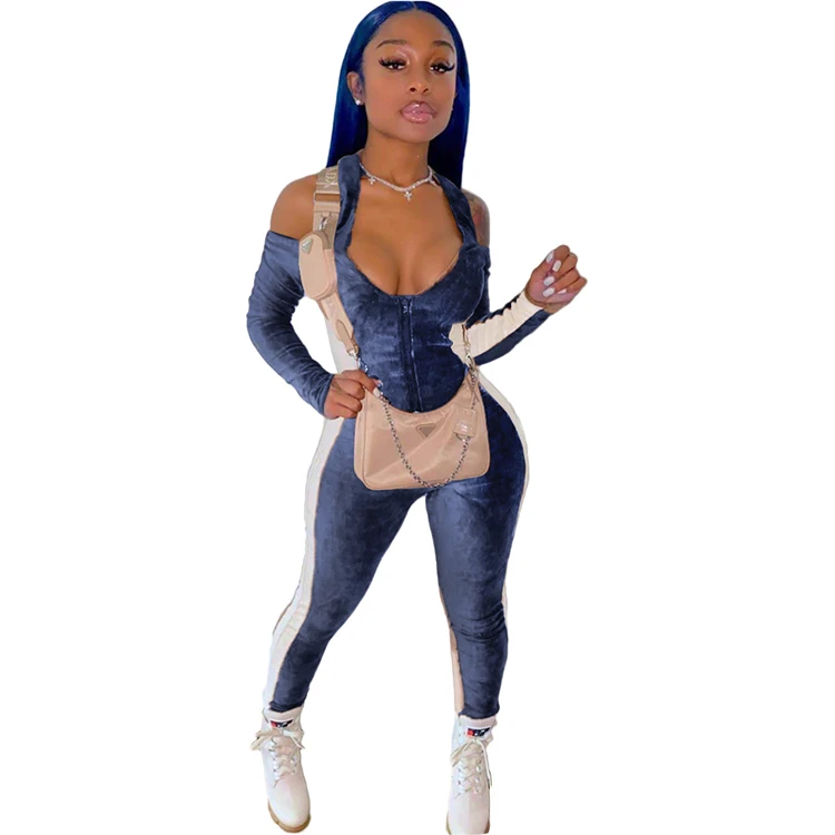 Winter clothes for women neck splice sexy bodycon backless one piece jumpsuits with zipper new arrivals 2021