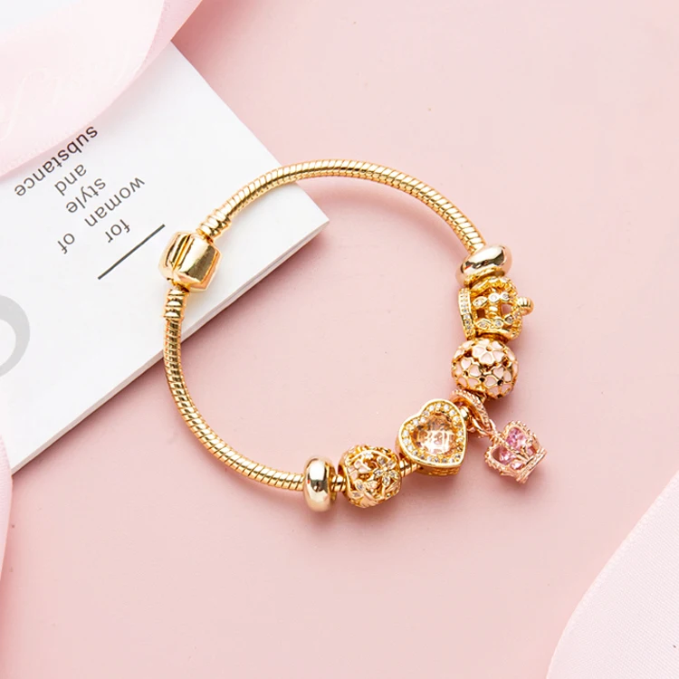 New design Custom High Quality 24k gold plated charm Beaded Bracelet beaded bangle for girl Gift