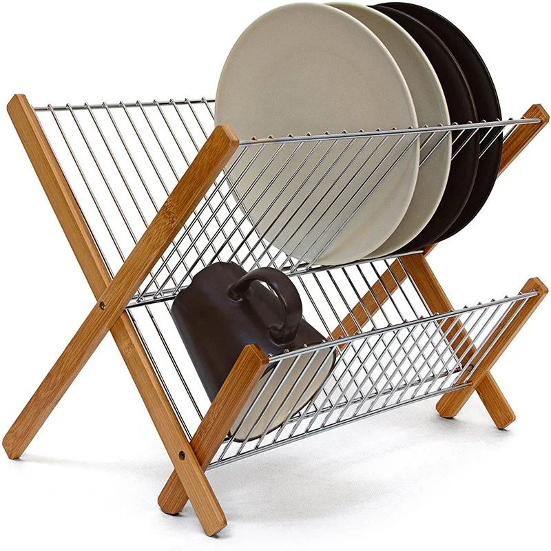 CROSS Bamboo And Chromed Steel Draining Rack: 27 x 38 x 29 cm Drying Rack Folding Dish Drainer For Plates