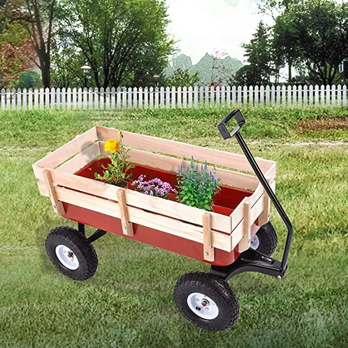 
Garden New Fashion Early Learning Kids Wooden Carriage Outdoor Wagon Pull Long Trolley 