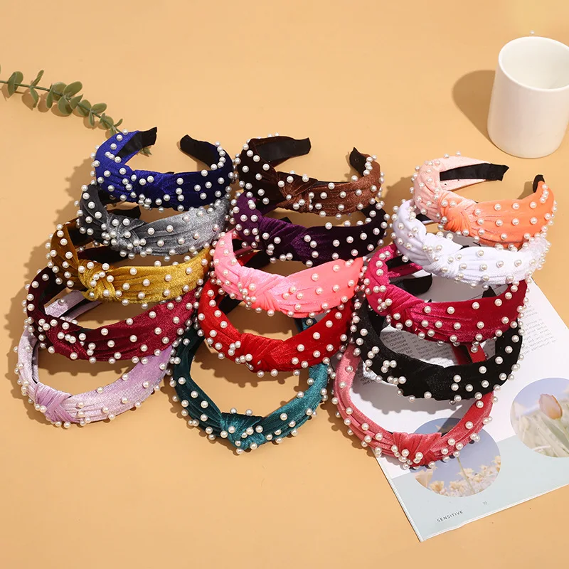 Fashion Vintage Velvet Hair Accessories Knotted  Pearl Headband Wide Top  Turban Hair Bands