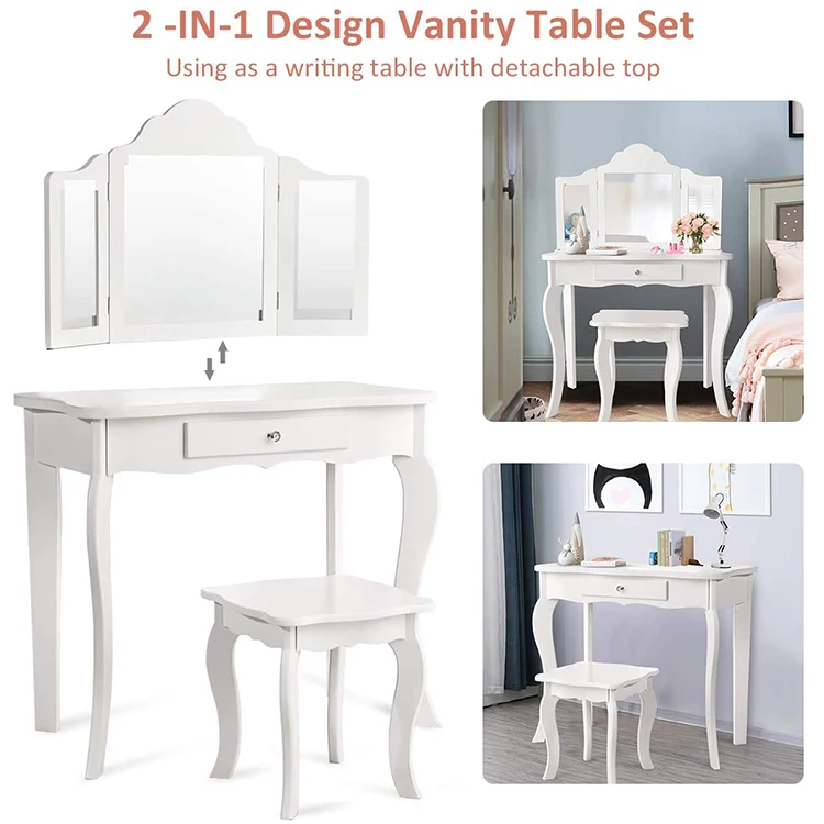 Detachable Design Kids Wooden Vanity Table and Stool Set Princess Makeup Dressing Table